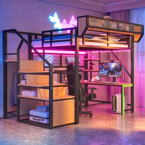 Sapgaks Lit Mezzanine 2 Places 140x200 avec LED et USB, Lit Enfant en Métal avec Bureau et étagère de Rangement Amovible, Lit Mezzanine Enfant avec échelle...