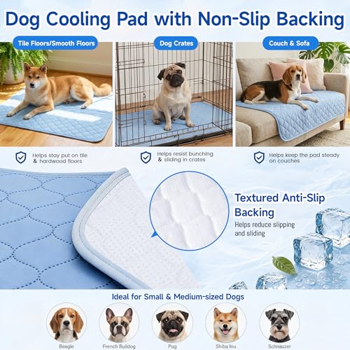 Image of PatiencET Dog Cooling Mat, 28 x 40 in No-Gel Cooling Pad for Medium Dogs, Cool Touch Nylon Pet Mat, Washable Summer Dog Mat for Crate, Bed, Floor, Sofa, Car, Blue