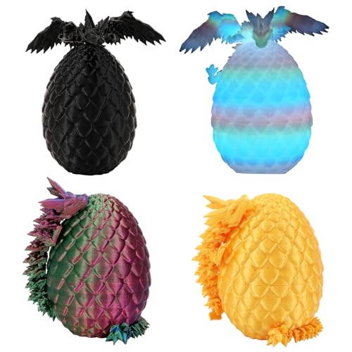 TXB3DOK 4PCS 3D Printed Dragon with Wings and Egg ，DND Dice Sets,Surprise Mini Mystery Dragon Egg, Cool Flexible Animals Fidget Toys,Crystal Dragon Easter Basket Stuffers for Boys Girls