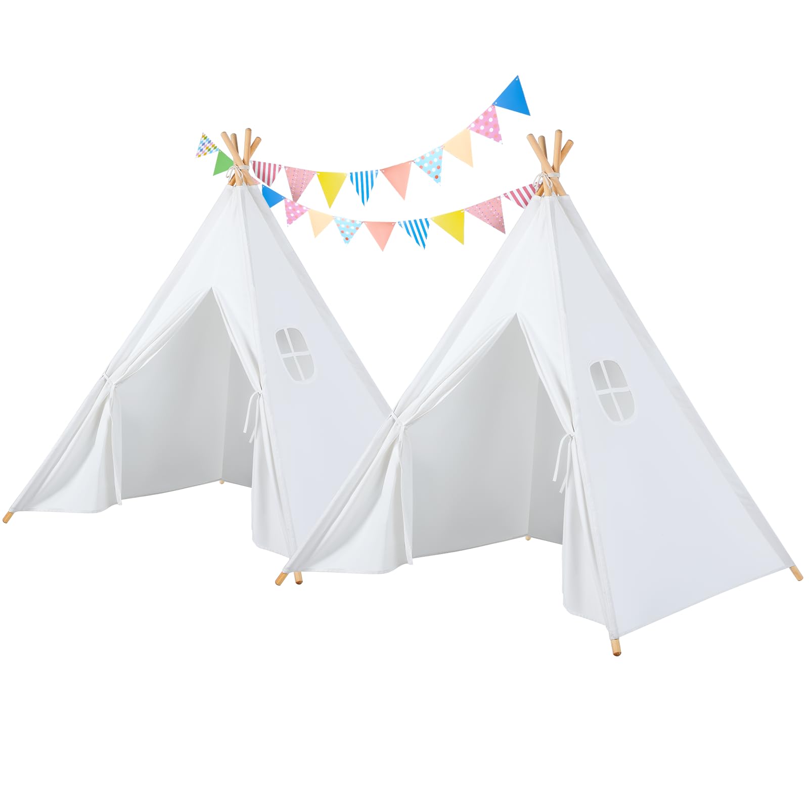 2 Pack Teepee Tent for Kids, Indoor Toddler Sleepover Play Tent with Star Lights & Colored Flags, Washable & Foldable Slumber Party Tent for Girls &