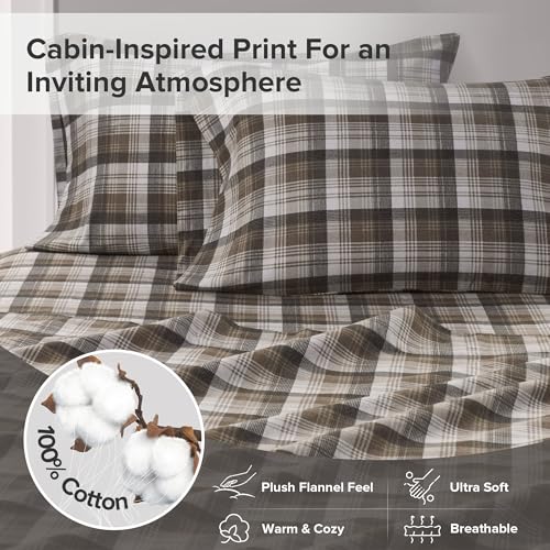 Woolrich Cotton Sheet Set Cottage Charms Print, 100% Cotton Flannel Sheets Warm & Fuzzy Bedding Set Queen Size Sheets, Fitted Pocket Fits Up to 14" Mattress, Queen Brown Plaid, 4 Piece - Image 4