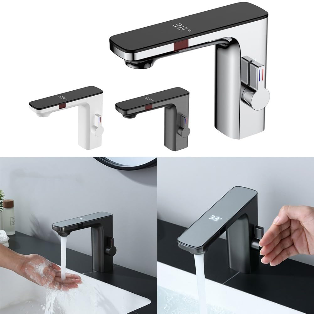 Oniissy Infrarot Sensor Waschtischarmatur, berührungsloser Wasserhahn für Badezimmer, Automatischer Digitalanzeige Bildschirm Warmes Kaltwasser Mischbatterie Chrom(Grau), 1693968924