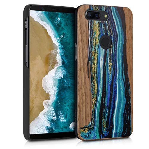 kwmobile Wooden Case Compatible with OnePlus 5T - TPU Bumper - Watercolor Waves Blue/Brown