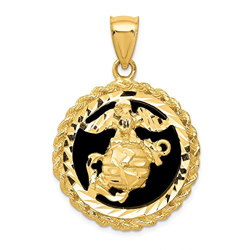 Solid 14k Yellow Gold & Simulated Onyx Marine Charm Big Large Mens Pendant (38mm x 26.5mm)