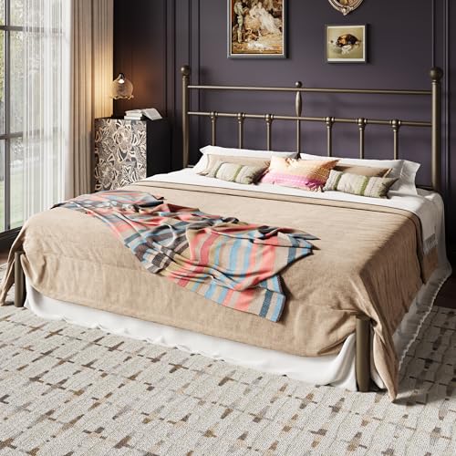 Image of SHA CERLIN King Size Metal Platform Bed Frame with Victorian Vintage Headboard /Under Bed Storage /No Box Spring Needed /Easy Assembly /Noise Free /Mattress Foundation /Gold