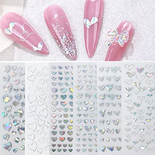 Laser Silver Hearts Nail Stickers for Nail Art Designs and Nail Decorations 3D Self Adhesive Nail Art Decals for Women Girls Kids for Fingernails Acrylic Nails Decor (6 Sheets)