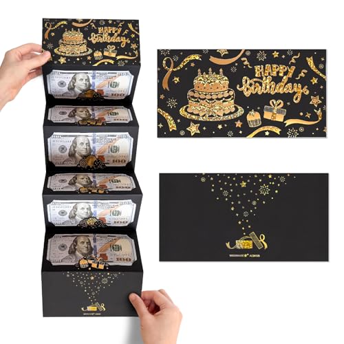 Black Gold Happy Birthday Money Envelope for Cash, DIY Money Holder with 6 Slots for Cash, Surprise Card Holder for Birthday, Money Gift Card for Men Women