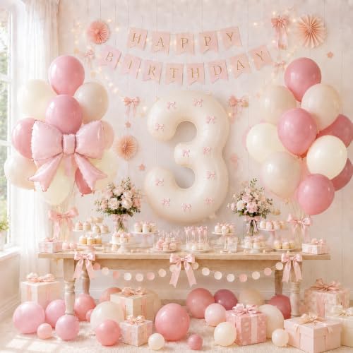 Image of 40 Inch Pink Beige Number 3 Balloon Tower with Bow 3rd Birthday Decorations