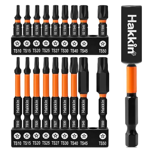 5 Punkt Torx Schraubendreher Bits Set 19 Stück Hakkin Spezial Schraubendreher 5 Point Torx Bit Set Lang 1/4” Screwdriver Bit Set 5 Stern mit Loch 60mm 25mm T10 T15 T20 T25 T27 T30 T40 T45 T50