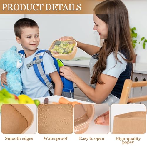 50 Pack Disposable Meal Prep Containers, 25oz Disposable Large Paper Bowls with Lids and Forks for Salad, Noodles, Freezer and Microwavable Storage Use Cardboard Food Containers - Image 4
