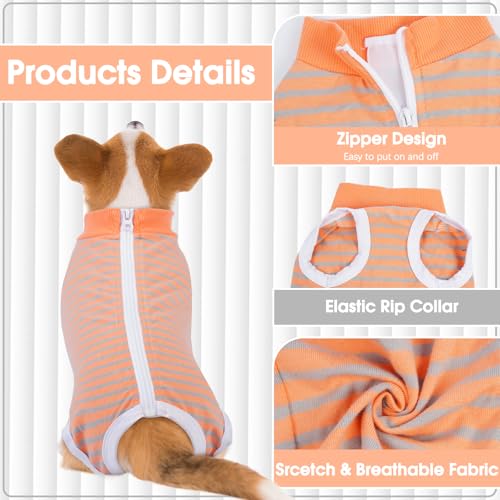 Image of BRKURLEG Small Dog Recovery Suit After Surgery, Abdominal Wound Protection, Back Zipper Spay Recovery Suit for Dogs & Cats, Soft Anti-Licking Puppy Onesie, Cone Alternative, Orange Grey Stripes L