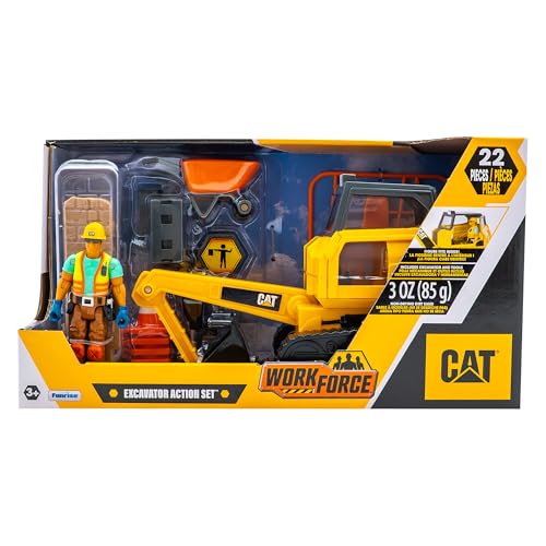 Image of Cat Workforce Excavator Action Set, 23-Piece Kids Construction Toy Playset with 4-Inch Figure, Non-Drying Dirt Compound, Molds, Signs, Tools & Accessories, Ages 3+