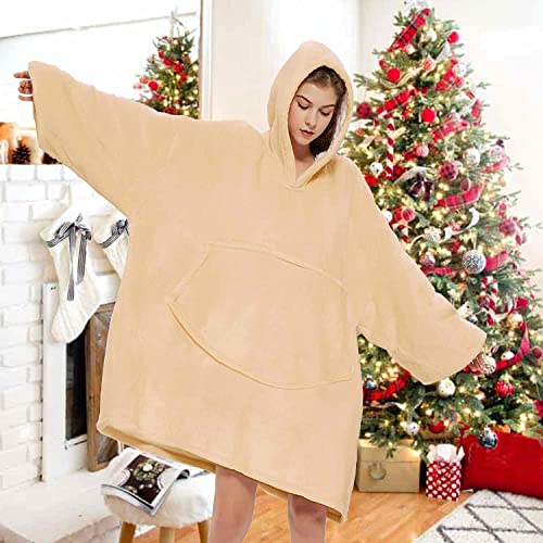 Blanket Hoodie, Oversized Wearable Sweatshirt Blankets of Soft Sherpa Plush for Adults Women Men - Cozy Warm Giant Hooded Snuggle Sweater with Front Pocket, Beige