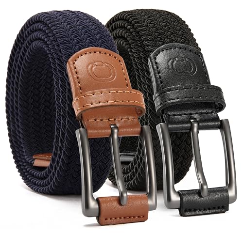 Image of Chaoren Leather Ratchet Belt 2 Pack Dress with Click Sliding Buckle 1 3 /8 inch in Gift Set Box - Adjustable Trim to Fit