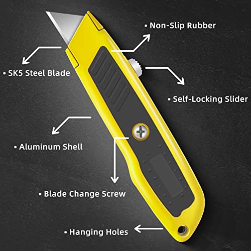 Image of DIYSELF 2 Pack Box Cutters, Razor Knife Utility Cardboard Cutter, Heavy Duty Utility Knife Retractable, Secure Locking, Aluminum Box Cutter Shell, for Home, Office, School, Warehouse (Yellow)