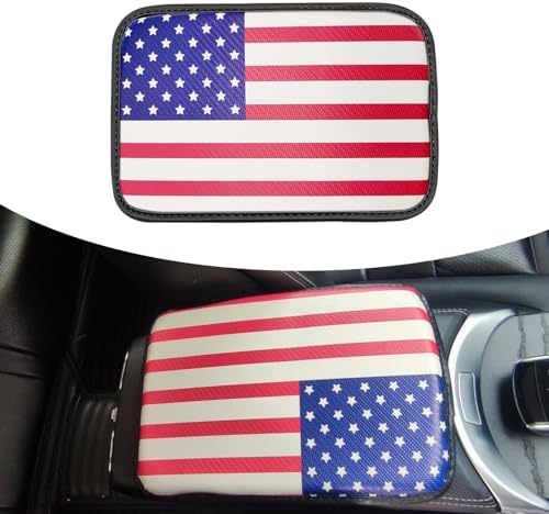 1 PC American Flag Car Center Console Pad, 11.8In x 8.2In x 1.1In PU Leather Vehicle Armrest Protector, Four-Season Universal Waterproof Armrest Box Cushion Accessories for SUV, Truck (Red)