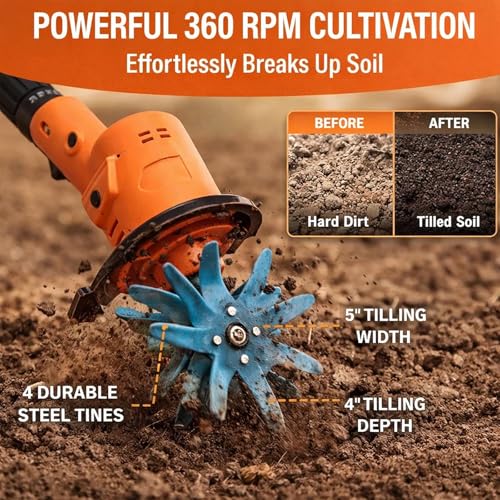 21v Cordless Tiller For Gardening, 360 Rpm Electric Garden Tiller, 2-en-1 Powered Mini Cultivator Con 2.0ah Batteries & Charger, 5" Tilling Width, 4" Depth, For Lawn/soil Cultivation 2 Battery 2 Batte