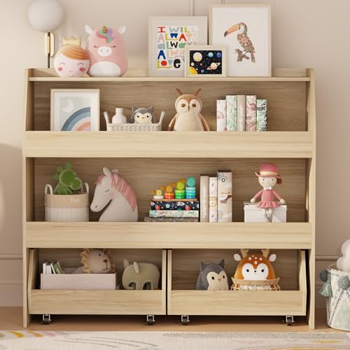 Image of COZPAW Toy Storage Organizer, 3 Tier Montessori Shelf with Movable Bins, Toy Organizers Book Shelf for Kids Room, Playroom, Nursery (Wood)