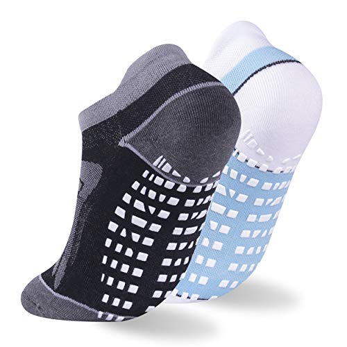 Womens Non Slip Yoga Socks,JSPA Non Skid Socks with Grips Barre Socks Pilates Socks for Women Non Skid Home Hospital for the elder 2 Pairs Black+Light Blue
