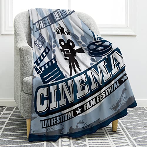 Jekeno Movie Theater Blanket Vintage Cinema Poster Design with Grunge Effect and Old Fashioned Print Throw Blanket, Movie Decor Cozy Warm for Home Bedroom Sofa Office 50"x60"