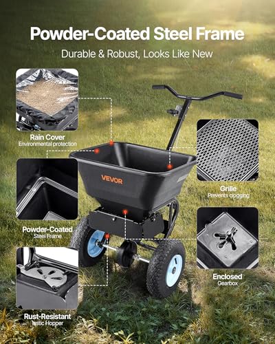 Image of VEVOR Broadcast Spreader, 100LBS Capacity, Walk-Behind Push Spreader, 0-9.8ft Spreading Width, 13 in All Terrain Pneumatic Tires, Fertilizer Spreaders with Hopper Grate, for Seed Salt Ice Melt