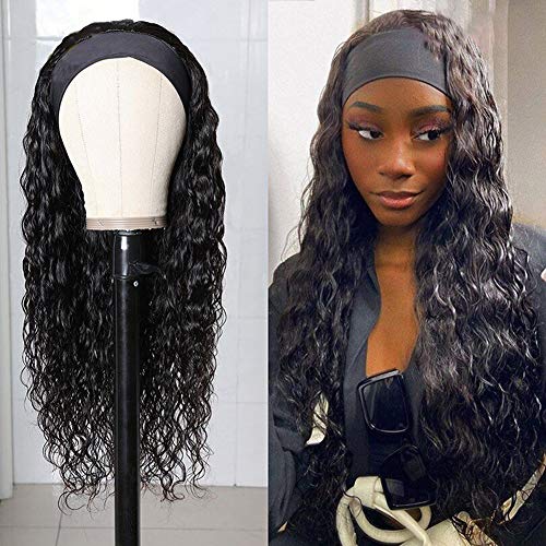 Water Wave Headband Wig Human Hair Curly Wet and Wavy Headband Wigs None Lace Front Wigs for Black Women Natural Color 150% Density (20 Inch, Water wave headband wig)