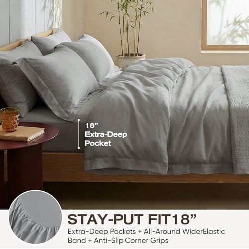 Image of Real 100% Viscose Derived from Bamboo Sheets Set Queen Size, Cooling & Silky Soft for Hot Sleeper, Luxury with Breathable & Moisture Wicking Fabric, 18 inch Deep Pocket with Corner Straps (Gray, Queen)