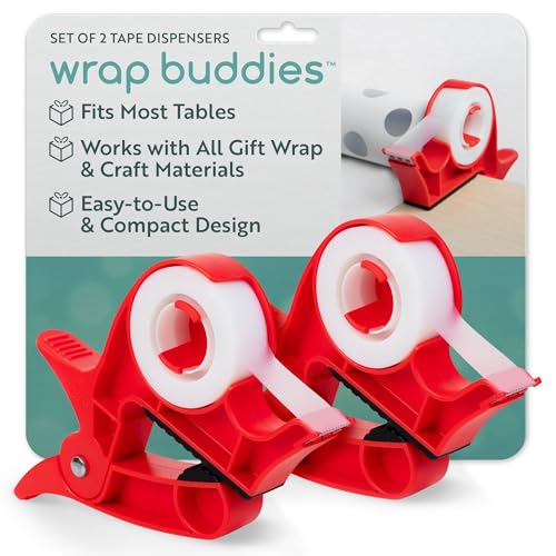 Wrap Buddies Tabletop Gift Wrapping Tool – Set of 2 Adjustable Wrapping Paper Table Clamps with Gift Wrap Tape Dispenser – One-Handed Tape Cutter – Perfect for Holidays and Crafting – Cherry Red