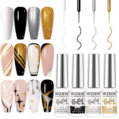 MIZHSE Gel Liner Nail Art 4 couleurs Set Noir & Blanc Gel Nails Starter Set Colors Line Vernis à Ongles Gel pour Nail Design Brosse Mince Intégrée UV/LED
