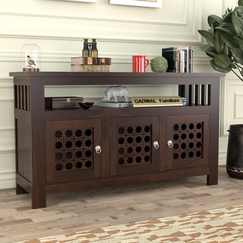 Image of Solid Sheesham Wood Wooden Sideboard Storage Cabinet & Chest of Drawer : Ideal for Living Room and Bedroom with 3-Shelf Storage (Hurtado, Walnut Finish)