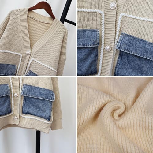 Image of FindThy Women's Casual Button Up Cardigan Oversized Long Sleeve Jean Patchwork Sweater Cardigans