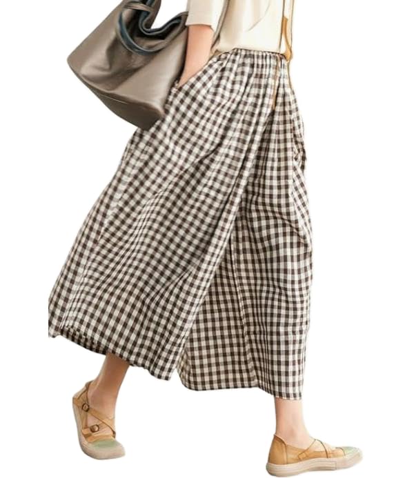 Womens Plaid Capri Pants Cotton Linen Trousers Elastic Waist Loose Side Pocket Gingham Wide Leg Capri Pants