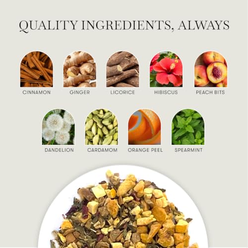 Image of Luxmi Estates Peach Mint Herbal Tea, 25 Biodegradable Tea Bags (50g, 1.76oz) | Caffeine-Free Fruit Herbal Infusion with Real Peach Bits, Hibiscus, Spearmint, Cinnamon, Ginger, Licorice, Orange Peel, Cardamom & Dandelion, Vegan