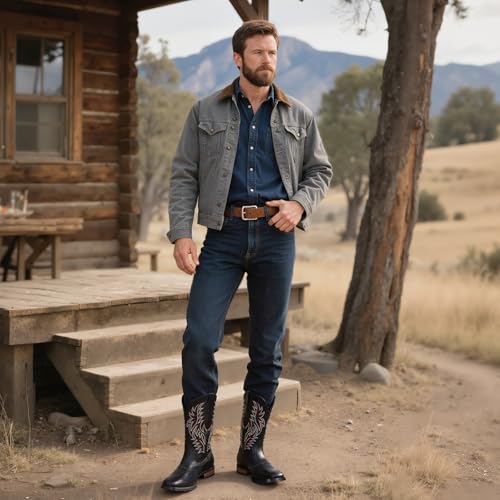 Cowboy Boots for Men, Western Men's Boots, Slip on Square Toe Boots, Slip Resistant Country Boots, Chunky Heel Ankle, Durable Short Boots for Spring Fall3