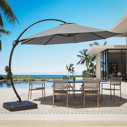 LAUSAINT HOME Outdoor Patio Umbrella with Base Included, Upgraded 12ft Large Sun Shade Cantilever Umbrella Deluxe Curvy Aluminum Offset Hanging Umbrella with 360° Rotation for Pool, Deck, Lawn (Grey)