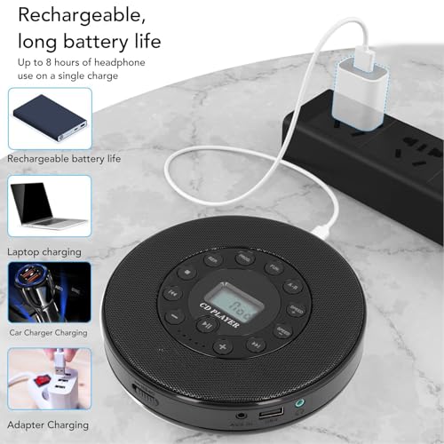 Portable CD Player with Speakers, Rechargeable Walk Man CD Player for Car, Compact Anti Skip Walk Man CD Player, Discman CD Player,Burn CD to USB Flash Drive, Disc CD