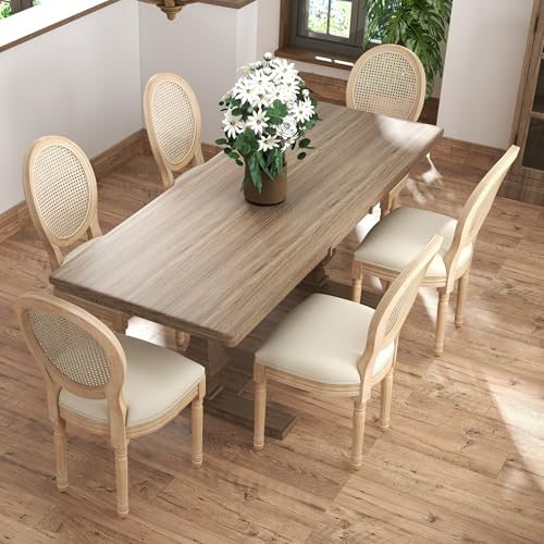 civama Dining Chairs Set of 6 French Vintage, Mid Century Upholstered Farmhouse Fabric Chair with Rattan Round Backrest and Solid Rubberwood Leg for Dining Room Bedroom Kitchen Restaurant, Beige