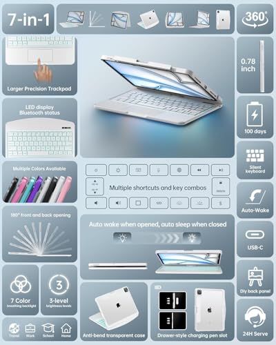 Image of Intermerge for iPad Pro 13(M4,2024) Case with Keyboard Clear,360 Rotatable Multi-Touch Trackpad,7-Color Backlit Magnetic Keyboard Case with Pencil Holder and Type-C Charging - White