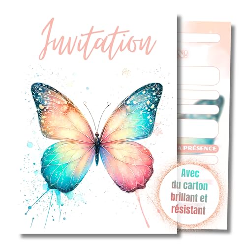 HIDEBLOOM Cartes d’invitation Papillon Anniversaire Enfant Filles – 12 Pièces – DIN A6 (10,5 cm x 14,8 cm) – Fête d’Enfants – Cartes...