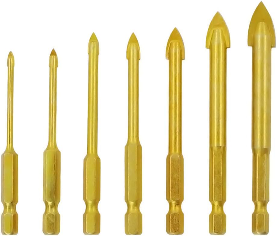 Mengshen Glass and Tile Drill Bits Set 3-12mm 7PCS, Tungsten Carbide Titanium Coated Ceramic Concrete Drilling Tool with Hex Shank for Glass Tile Ceramic Mirror Porcelain Marble
