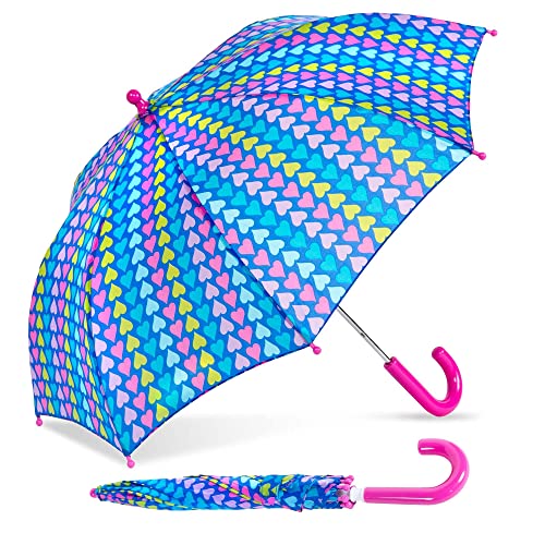 Shedrain Multicolored Heart Striped Kids Umbrella - Pinch-Proof, Easy Grip Handle - Compact Children's School & Travel Umbrella With Large 33" Arc, Heavy Duty Steel Shaft & Fiberglass Ribs #TOP15