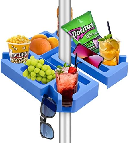 Keeswin 13 Inch Beach Umbrella Table Tray with Cup Holders, Snack Compartments, Sunglasses Holes, Phone Slots, Upgraded Easy Installation Umbrella Tray for Beach, Patio, Garden, Swimming Pool, Blue