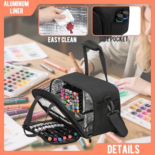 Image of Marker Organizer Case with Shoulder Strap for 180-300 Markers, Large Marker Organizer Bag with Detachable Divider for Adults, Marker Travel Holder Case Bag for Various Markers, Black