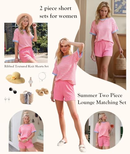Image of MARZXIN Women 2 Piece Shorts Set 2026 Casual Summer Cruise Outfits Ribbed Loose Short Sleeve Pocket Matching Lounge Sets
