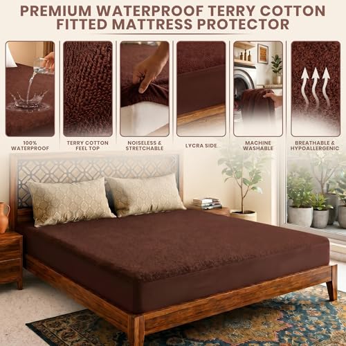 Image of Lithara Terry Cotton Fitted Mattress Protector for Single Bed | Waterproof & Elastic Band | Ultra Soft & Hypoallergenic Mattress Cover | Size : 42 x 84 Inches (3.5 x 7 Feet) | (Coffee)