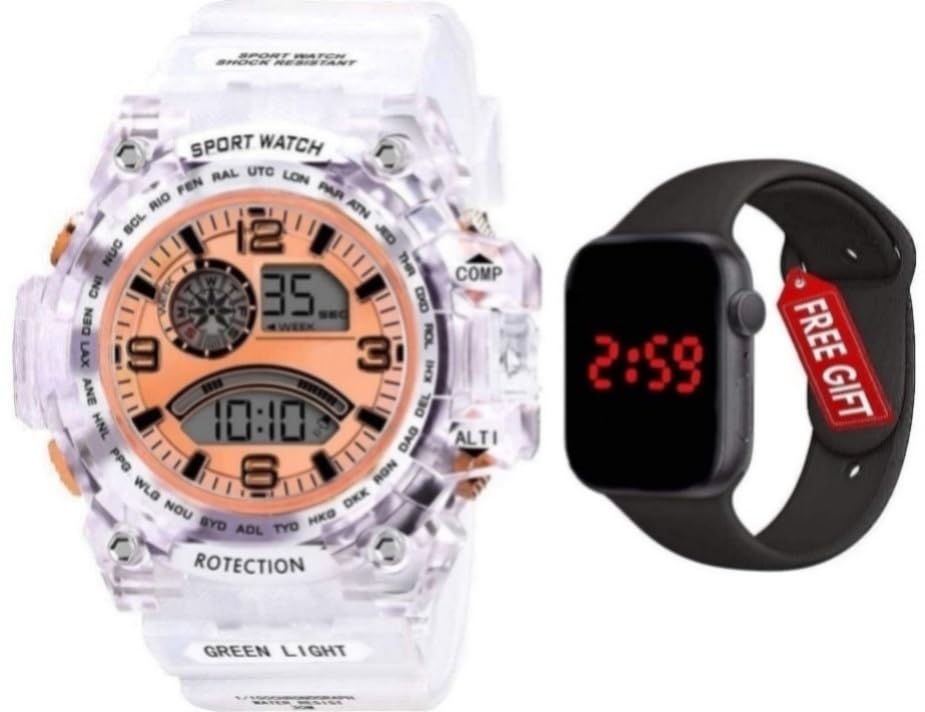 Acnos Polyurethane Premium Brand-A Digital Watch Square Led Shockproof Multi-Functional Automatic Orange Dial White Strap Waterproof Digital Sports Watch For Mens Kids Watch For Boys-Pack Of 2 (B093Z7R3FL) Amazon Price History, Amazon Price Tracker