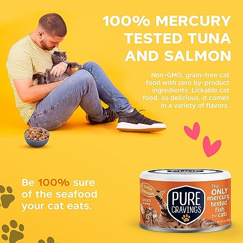 Image of Pure Cravings Wet Cat Food Canned Tuna and Salmon Cutlets in Gravy, 100% Mercury-Tested, Moist Can Fish for Cats, Grain-Free, Protein, Non-GMO, Pack of 12