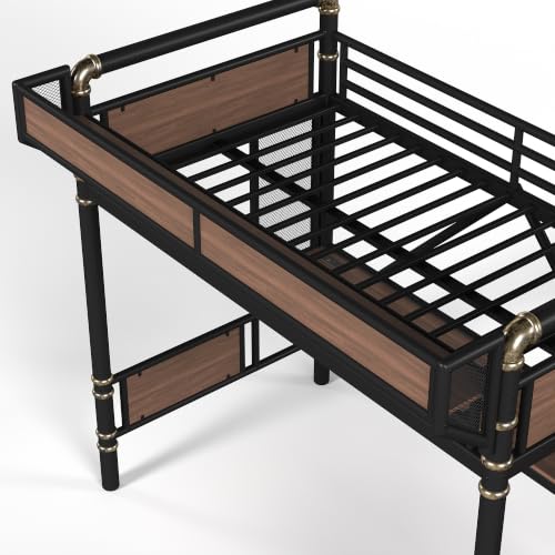 Image of Bellemave Twin XL loft Bed with Storage Stairs, Wardrobe, Shelves, Metal Twin XL Loft Bed Frame for Adults, Kids, Teens, Black+Natural Wood with Black Stairs