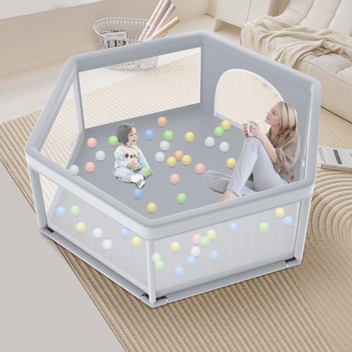 Image of Hexagonal Baby Playpen 65×65 Inch, Play Yards Indoor & Outdoor, Sturdy Safety Baby Play Pen with Soft Breathable Mesh, Toddlers Activity Center with Anti-Slip Base