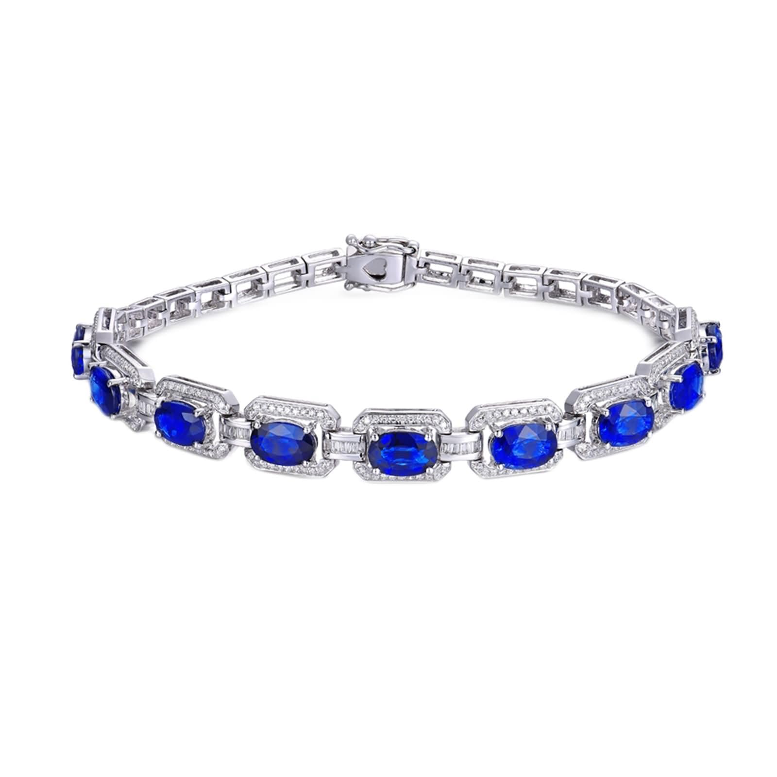 Pulseras de Mujer de Oro Blanco de 9Kilates / 14Kilates / 18Kilates, Rectángulo Oval con Zafiro Creado de 2,33 ct y Diamante, Cadena 16 CM, Pulseras de Cadena Plata Azul Verde Mujer